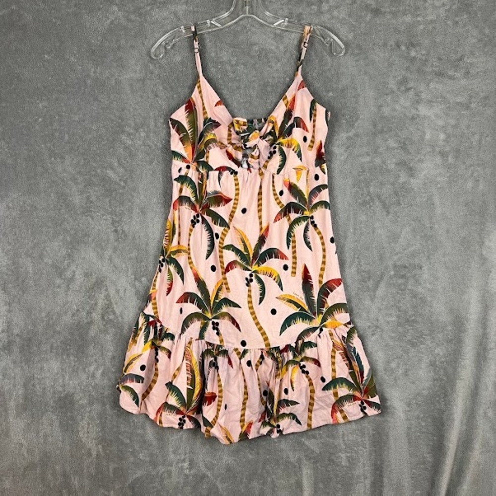 Farm Rio Palm Tree Mini Dress Womens S Linen Ruffle Hem Beachy Bright Resort